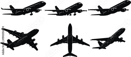 Commercial passenger airplane silhouettes collection in flight landing and takeoff isolated on background for aviation transport travel design