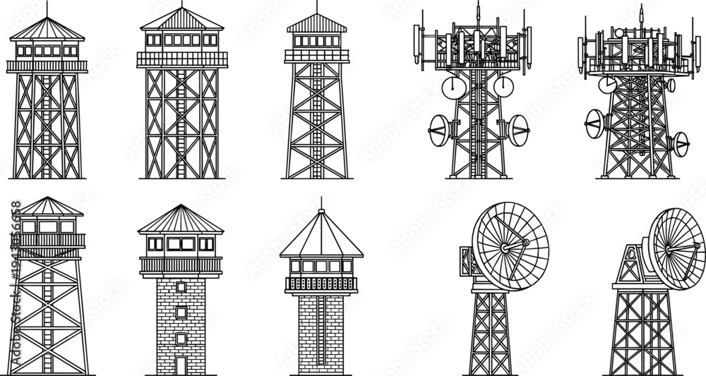 Fototapeta premium Collection of black and white silhouettes featuring watchtowers, telecommunication masts, radio antennas, and satellite dishes for industrial infrastructure design.Collection of black and white silhou