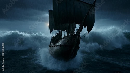 Formidable sailing ship endures perilous ocean storm. Dark, turbulent sky with lightning illuminating huge waves. Vessel battles tempest fury on rough sea