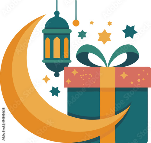 Vector illustration of gift box, moon and lantern  representing Eid theme