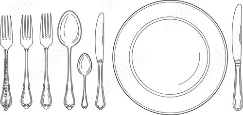 Fine dining table setting with plate forks spoons and knives vector illustration, elegant cutlery arrangement silhouette isolated on white background for restaurant menu design.