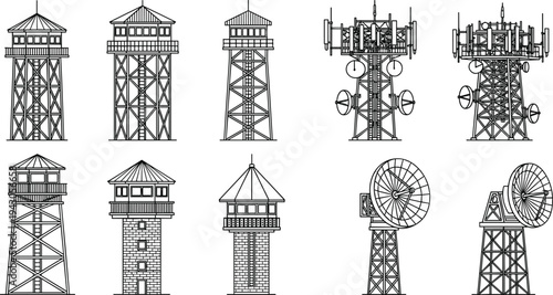 Collection of black and white silhouettes featuring watchtowers, telecommunication masts, radio antennas, and satellite dishes for industrial infrastructure design.Collection of black and white silhou