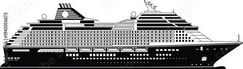 Large luxury cruise ship silhouette isolated on white background, modern ocean liner vector illustration for travel agency vacation, maritime transport and summer tourism concept.