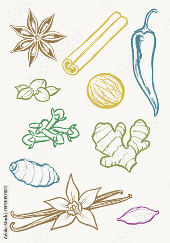 A delightful collection of hand-drawn spice and flavoring illustrations in a charming pastel soft color palette, perfect for culinary and design projects