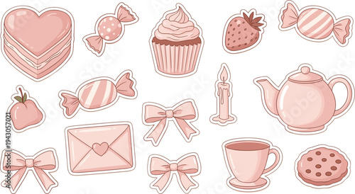 Pink sweet treats still life with bows and tea in soft warm lighting for Valentines Day