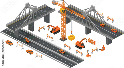 Isometric bridge construction site with tower crane excavators workers and highway traffic infrastructure engineering project vector illustration