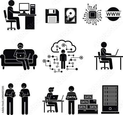Information Technology and Data Processing Silhouette Icon Set with Computer Users Servers Cloud Network Database and Web Symbols Vector Illustration
