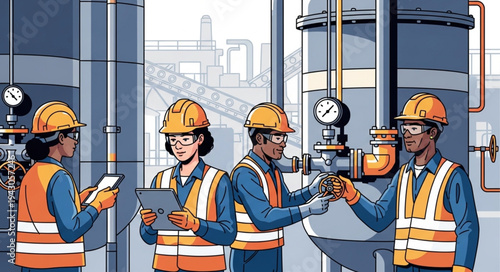 Industrial Workers in Safety Gear Discussing.