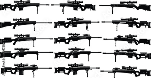 Sniper rifle silhouettes collection with tactical scopes and bipods isolated vector set of precision military firearms side view icons