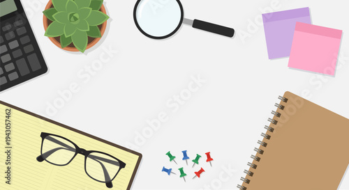 Flat lay vector illustration of an organized office desk with notebooks, calculator, and stationery on white background.