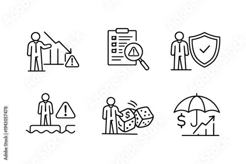 Six key icons representing financial risk management and investment strategies