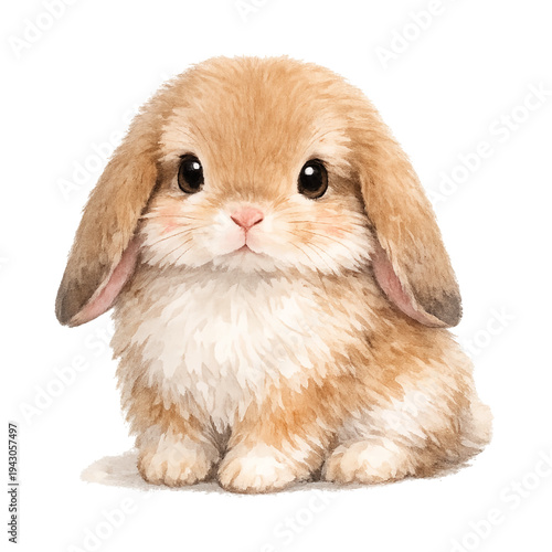 Cute fluffy Holland Lop bunny vector illustration, watercolor baby rabbit with soft brown fur isolated on transparent background