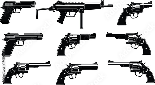 Handgun and revolver firearm silhouette collection including pistols and compact submachine gun isolated on white background for weapon vector design