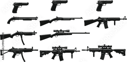 Firearm silhouette collection featuring pistols, shotguns, sniper rifles and tactical assault rifles isolated on white background for weapon vector design