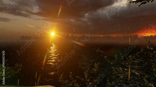 3D forest river landscape with sunrise reflection