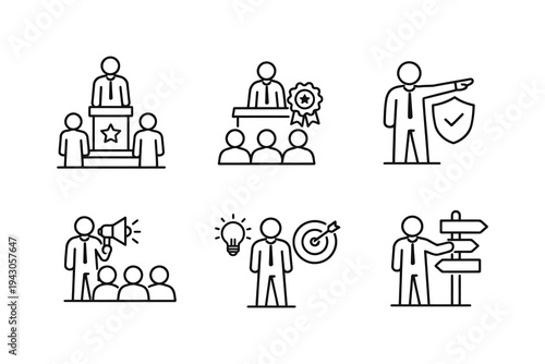 Leadership and communication concepts illustrated through simple icons