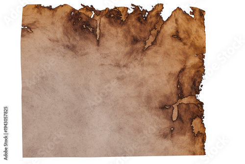 A square piece of paper with burnt edges and dark brown stains