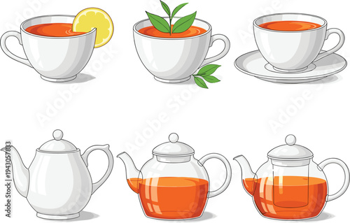 Tea Cups and Teapot Collection with Lemon Mint Herbal Tea and Glass Teapot Set Isolated Beverage Drink Vector Illustration