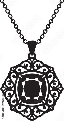 Ornate Pendant Necklace with Central Gemstone Detailed Vector Silhouettes