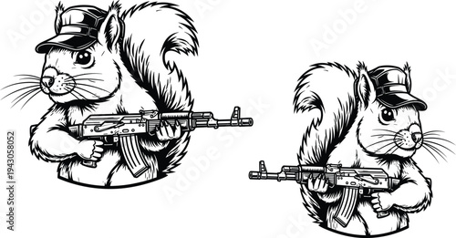 Cartoon squirrel soldier mascot holding rifle illustration, funny animal character line art vector, black white wildlife mascot design