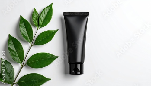 Wallpaper Mural Minimalist black cosmetic tube with fresh green leaves on white background. Torontodigital.ca