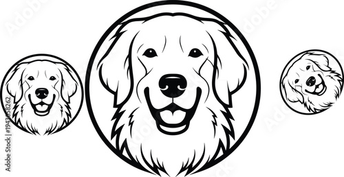 Golden retriever dog head mascot vector illustration, friendly puppy portrait line art, black white canine pet logo design