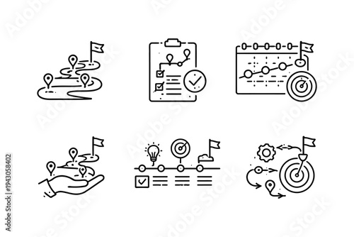 Six icons representing stages of planning, mapping, and achieving goals