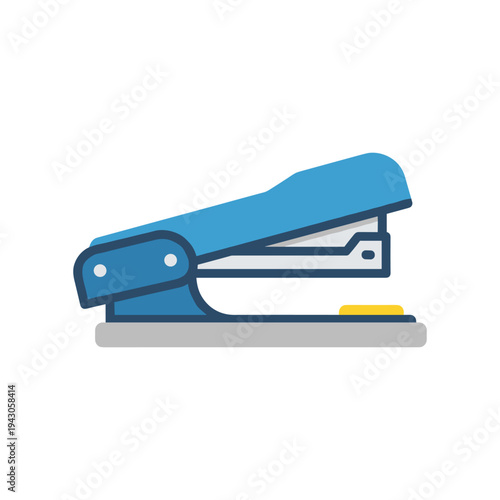 Blue stapler on gray base with yellow staple, office supply