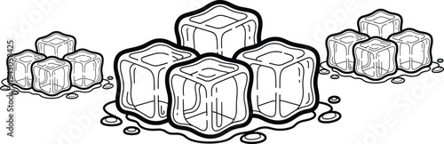 Ice cubes illustration set, melting frozen water cubes line art vector, black white cold drink ingredient design