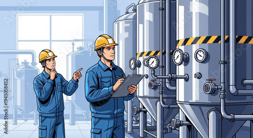 Industrial Workers Inspecting Machinery Equipment.