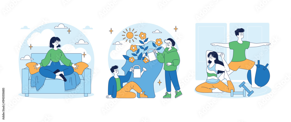Fototapeta premium Wellness Activities and Healthy Lifestyle Vector Illustration