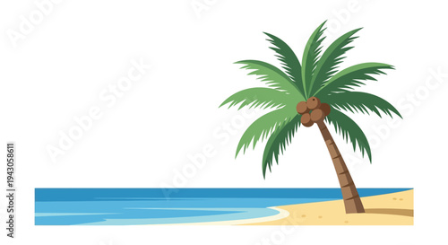 Single palm tree on sandy beach with turquoise ocean water in tropical paradise setting with sunny weather for travel brochure