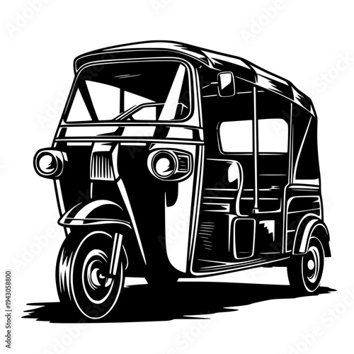 Vintage Black and White Auto Rickshaw Vector Illustration - Retro Tuk Tuk Transport Icon