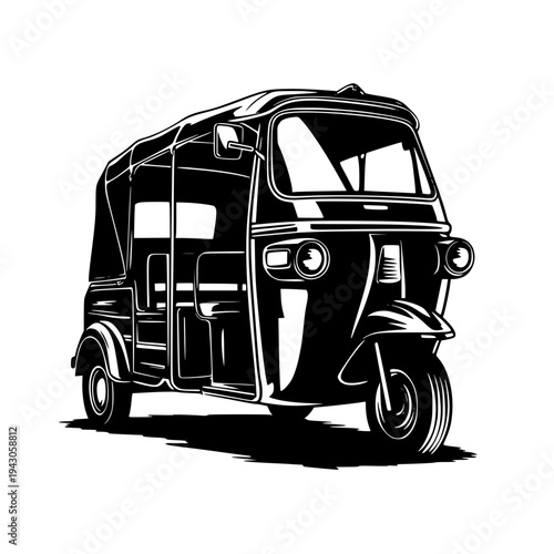 Black and White Auto Rickshaw Vector Illustration - Retro Tuk Tuk Taxi Icon for Travel and Transport Design