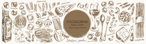 Hand drawn ink Italian pasta sketches set. Pasta types drawings. Cheese, olive oil, wine. Spaghetti pappardelle fusilli fettuccine farfalle linguine penne ravioli. For food background.
