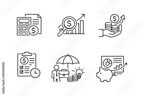Essential concepts of financial planning and investment management illustrated through icons
