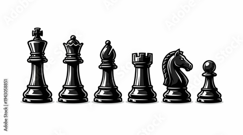 Vector chess pieces icons set king queen rook bishop knight pawn battle board arrangement silhouette design educational branding modular black white strategy illustration collection