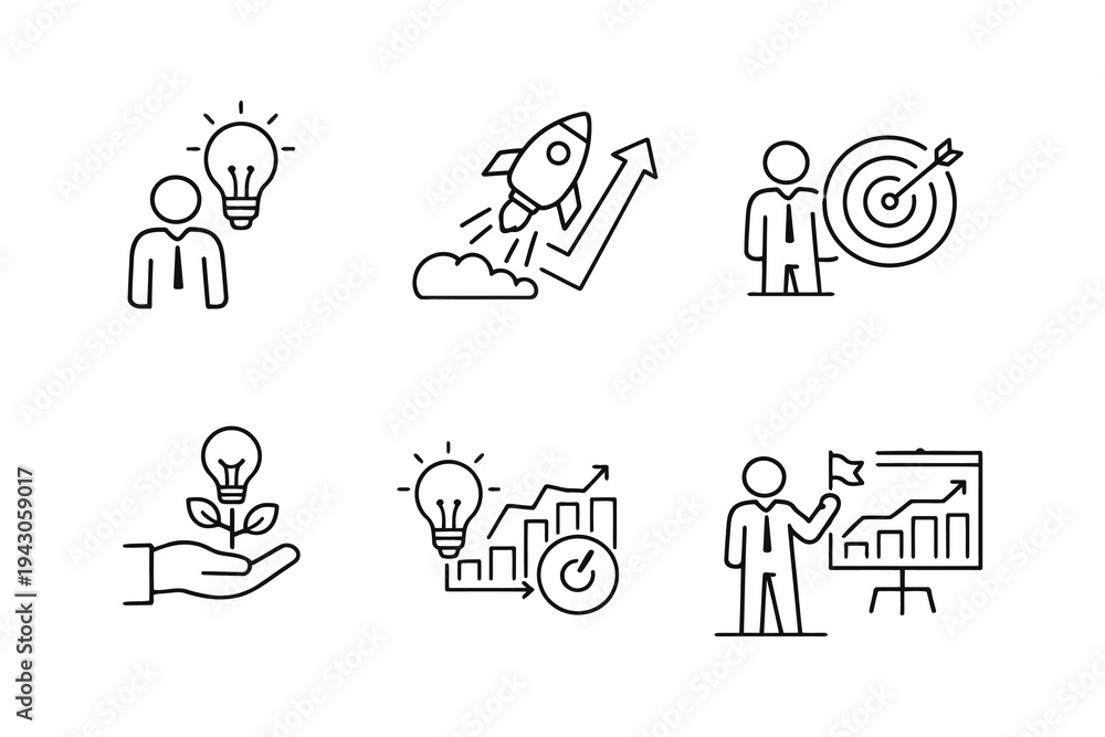 Fototapeta premium Six icons representing key concepts in innovation and business strategy development