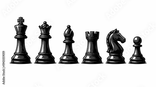 Vector chess pieces icons set king queen rook bishop knight pawn battle board arrangement silhouette design educational branding modular black white strategy illustration collection