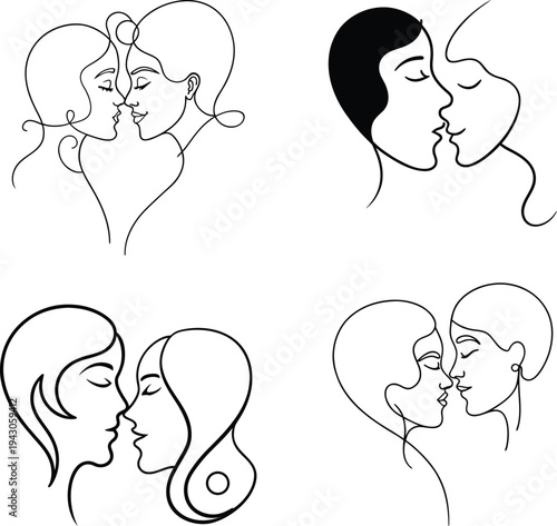 Romantic couple kissing line art illustration of male and female minimal love drawing isolated on white background