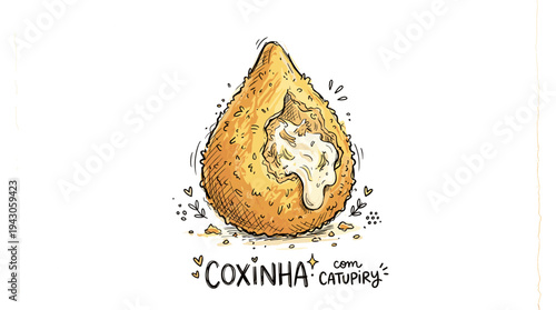 Hand drawn coxinha with creamy catupiry cheese filling illustration
