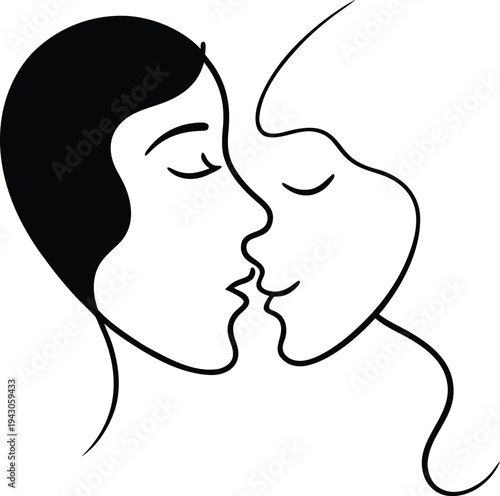 Romantic couple kissing line art illustration of male and female minimal love drawing isolated on white background