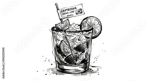 Ink sketch of a Caipiroska cocktail with lime and ice
