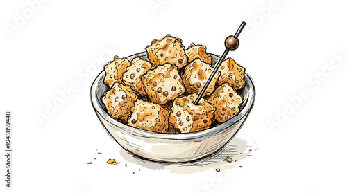 Hand-drawn cheese tapioca cubes in a bowl with skewer