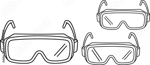 Safety goggles icon set vector illustration, protective eyewear line art symbol, black white laboratory protection glasses design
