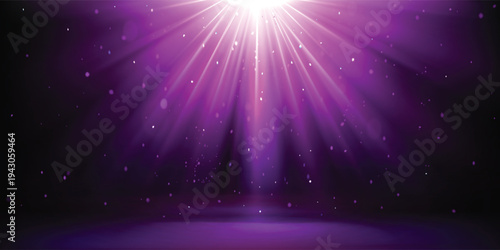 Purple spotlight. Bright lighting with spotlights of the stage with purple dust on dark background