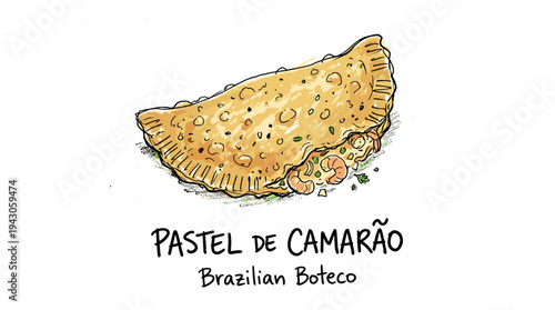 Hand-drawn Brazilian shrimp pastel with imperfect lines and filling
