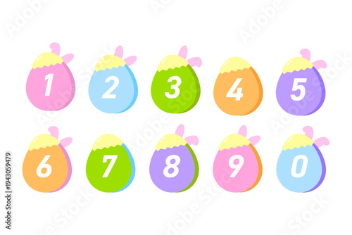 カラフルなイースターエッグ数字セット｜Colorful Easter Egg Numbers 0-9 with Bunny Ears Vector