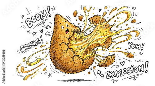 Hand drawn coxinha exploding with cheese in a fun doodle style