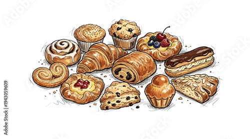 Assortment of delicious pastries and baked goods illustration